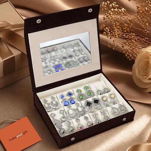 Image of Rangrez Oxidized Designer Earrings Set of 12 With Velvet Jewellery Organizer Box & Mirror | Minimalist & Traditional Jhumka Set for Womens & Girls