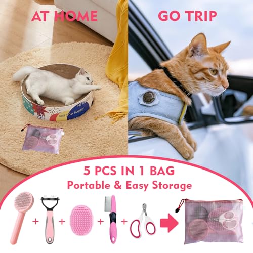 Image of Grooming Kit for Indoor Long-Haired Cats - Self-Cleaning Brushes for Shedding and Matted Fur, Flea Comb Set, Pink