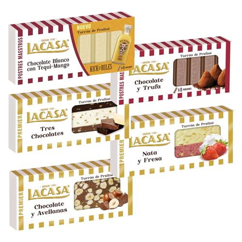 Pack Surtido 5 Turrones Lacasa:Chocolate Blanco con Tequi Mango, Cacao y Avellanas, Cacao y Trufa, Nata y Fresa, Tres Chocolates