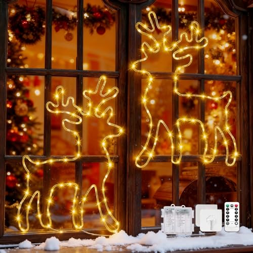 Lypumso Luces de Navidad Reno, 2 Piezas 45 LED Cortina de Luces a Pilas, Luz Colgantes Ventana Navidad 8 Modos, Temporizador IP44, para Decoracion Navideña Interior Exterior, Ventana, Balcón, Fiesta