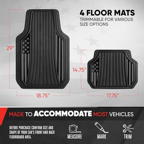 Image of MotorTrend Black Flag Rubber Floor Mats - All Weather Car Mats with American Flag Stars & Stripes Design, Heavy-Duty Automotive Floor Mats for Cars, SUVs & Trucks Black /Grey