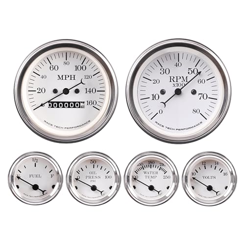 RACETECH Classic 6 Gauge Set Mechanical Speedometer 160MPH - White Dial