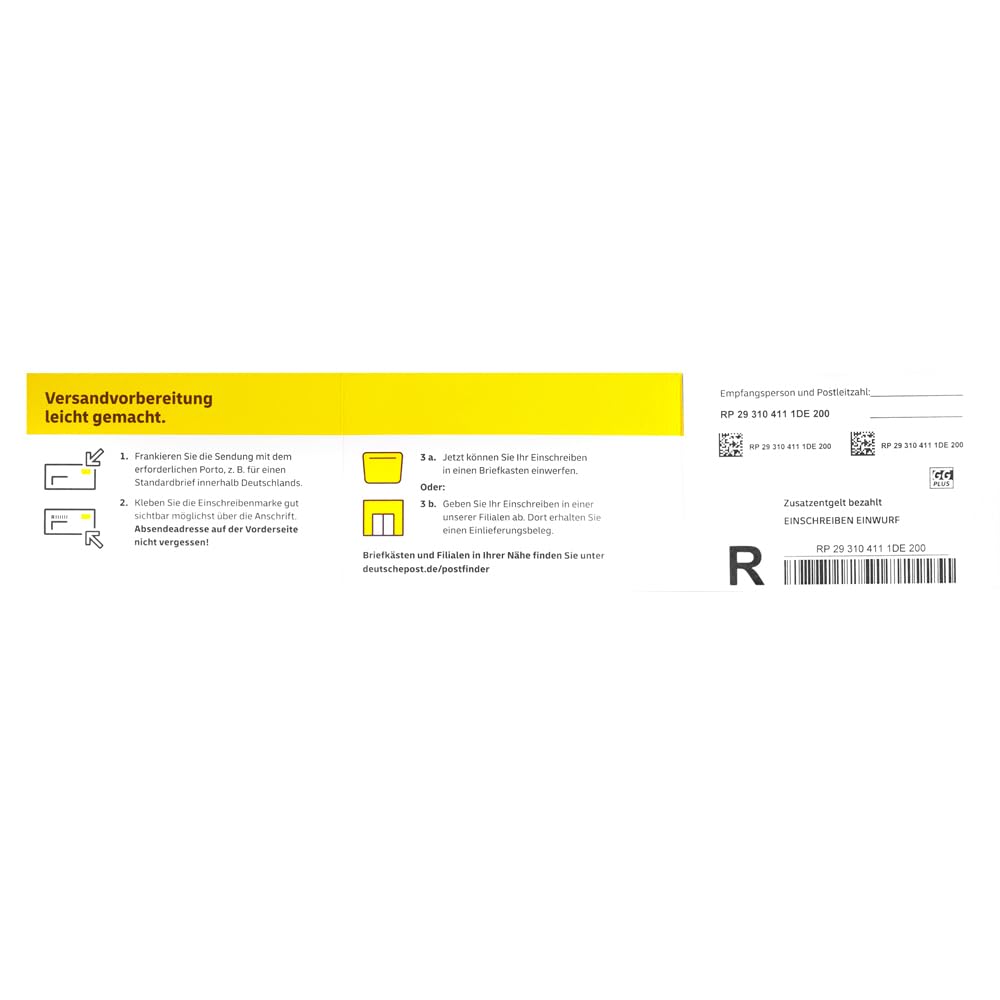 10 Stück selbstklebende Post Einschreiben-Briefmarken Einschreiben-Marken Porto Etiketten Label Aufkleber mit Barcode im Block | Versicherung bis 25 EUR | Zustellung per Einwurf