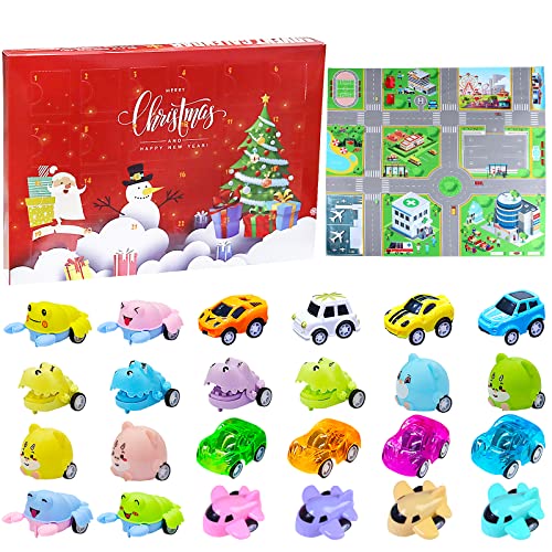 24 pièces Enfants Calendrier de l'Avent Jouet Voiture Animale, Calendrier de l'Avent Mini Voiture, Calendrier de l'Avent de Noël Jouet Voiture avec 1 carte de la circulation Cover