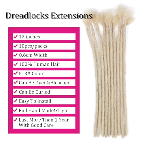 Huarisi 0.6cm Thickness 12 Inch 10Strands 613 Blonde Real Human Hair Dreadlock Extensions for Women Full Head Handmade Permanent Loc Extensions Men Can Be Curled and Twisted - Image 4