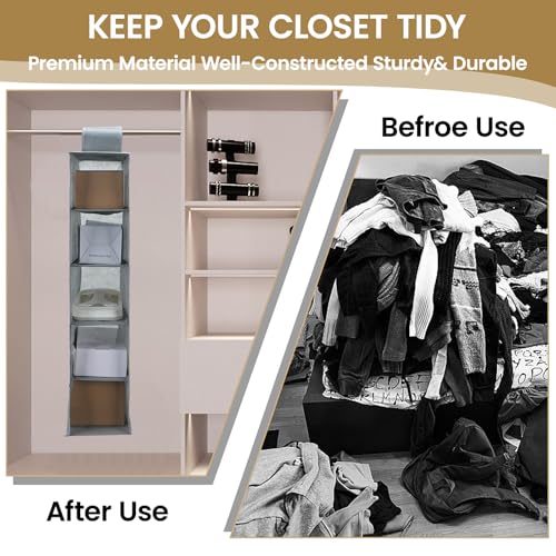 Minnhua 2 Stück Hängeregal Stoff mit 5 Fächer, Zusammenklappbar Hängeaufbewahrun, Kleiderschrank Organizer, Ordnungssystem Kleiderschrank für Kleiderschränke in unterschiedlichen Höhen (Grau)