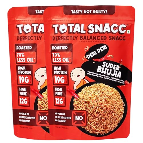 Image of TOTAL SNACC Roasted Bhujia Peri Peri (250g x 2) | High Protein 19g, High Fibre 12g | 70% Less Oil | No Palm Oil | Baked Bhujiya | Healthy Namkeen | High Protein Snacks | Diabetic Friendly | Millet Bhujia | Low Calorie