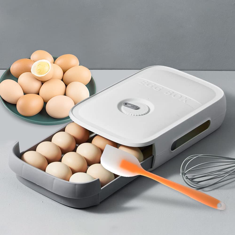SKOFRI Egg Holder 18 Grid -Refrigerator Egg Trays Drawer Type Egg Storage Box Container - with Date Reminder Fresh for Refrigerator - BPA Free Fridge Organizer (White)