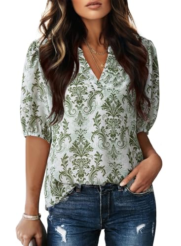 Image of Dokotoo Womens Blouses V Neck Puff Short Sleeve Business Casual Tops