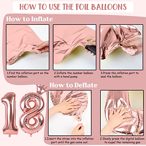Image of 18th Birthday Decorations for Girls Rose Gold, Number 18 Birthday Balloons with Crown Heart Star Foil Balloons Pom Poms Happy Birthday Circle Dot Bunting Banner for 18th Girls Birthday Party Supplies