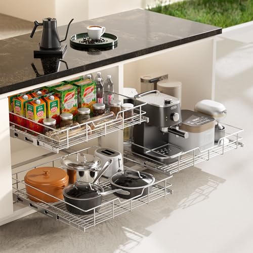 Image of 2 Tier Pull Out Cabinet Organizer 15 inch W X 17 inch D, Chromed, Full Slide Out
