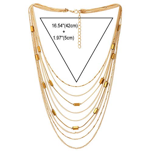 COOLSTEELANDBEYOND Gold Statement Choker Collar Necklace Waterfall Multi-Strand Chain with Rectangle Crystal Bead Charm3