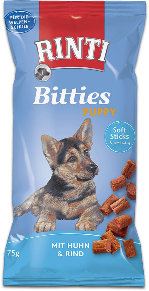 Rinti Bitties Puppy - Huhn & Rind | 4er Pack | 4 x 75 g | Ergänzungsfuttermittel für heranwachsende Hunde | Mit Omega 3 für die Gehirnentwicklung | Ohne Zucker & Soja