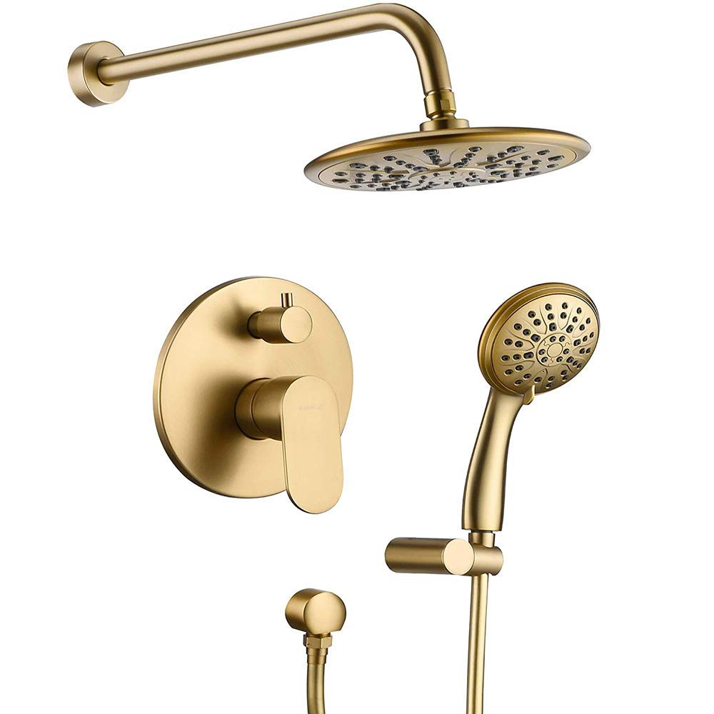 AYCDL Rain 8 Inches Rain Mixer Shower Combo Set Wall Mounted Bathroom Shower Faucet Set with Round Shower Head, Handheld Shower,Brushed Gold,Brushed Gold,Brushed Gold