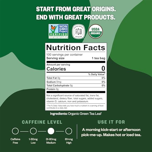 Image of FGO Organic Green Tea, 100 Count Eco-Conscious Tea Bags, Caffeinated, Resealable Pouch, Packaging May Vary (Pack of 1)