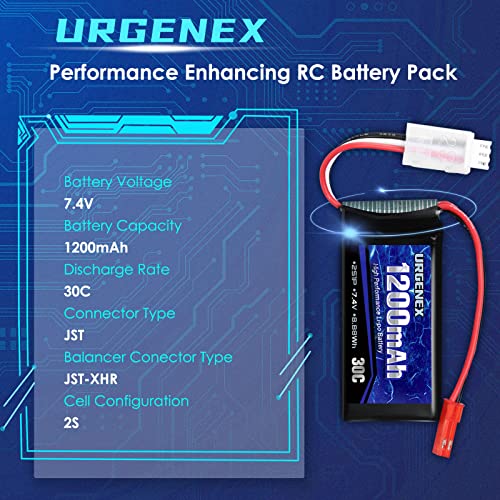 Urgenex 7.4V Lipo Battery With Jst Plug 1200Mah 30C 2S Rechargeable Lithium Batteries Fit For Most 1/10 1/16 1/18 1/24 Scale Rc Cars Racing Trucks And 1 To 2 Usb Charger #TOP1