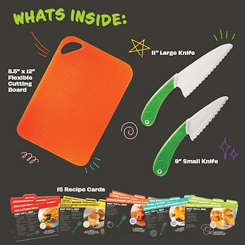 MasterChef Junior Kids Knife & Cutting Board Set- Includes Real Cutting Tools and 15 Cooking Baking Recipes- Silicone Non Slip Grip for Easy Use & Food Safe for Children- Party Activity Supplies Gift