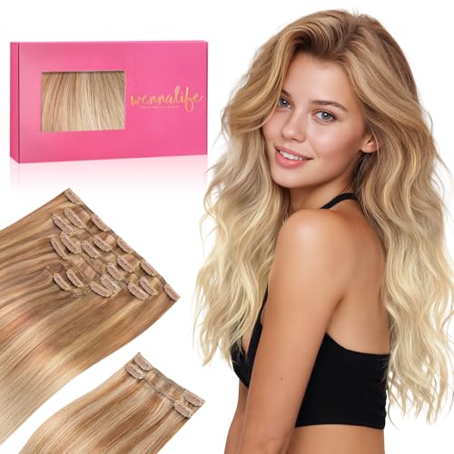 WENNALIFE Clip in Hair Extensions Real Human Hair, 22 Inch 150g 9pcs Human Hair Extensions Clip In Human Hair, Ash Beige Blonde Blend Hair Extensions Real Hair Coloured Remy Human