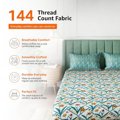 Image of Amazon Basics - 100% Cotton Flat Bedsheet | 144TC |King Bed Sheet with 2 Pillow Cover|Soft Cotton | Floral Print | 90 Inch x 108 Inch, Green