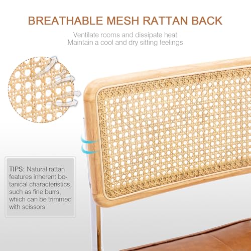 Image of Zesthouse Natural Rattan Dining Chairs Set of 6, Mid Century Modern Dining Room Chairs with Chrome Leg, Faux Leather Kitchen Chair with Solid Wood Back & Cane Mesh, Breuer Cesca Design Inspired, Brown