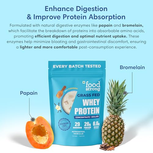 Image of Foodstrong Whey Protein Powder (Concentrate + Isolate), 100% Hormone Free Grass-Fed Whey, 26G Protein & 6.6G BCAA, Vanilla, With Turmeric & Digestive Enzymes, 1KG