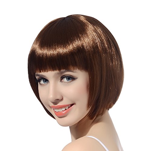 FREE BEAUTY Brown Short Bob Flapper Cosplay Wig-Synthetic Costume Women's Natural Looking Halloween Party Christmas Bangs Wigs