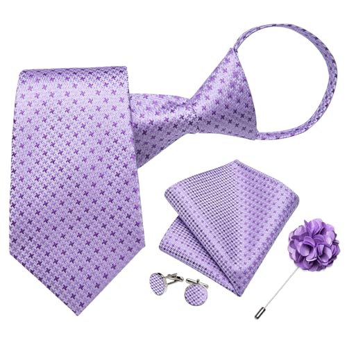 Image of DiBanGu Mens Zipper Tie Silk Pre-Tied Necktie with Gift Box | Jacquard Woven,Paisley Solid Plaid Pattern,6PCS with Pocket Square,Cufflinks and Lapel Pin,for Wedding Party Formal Business