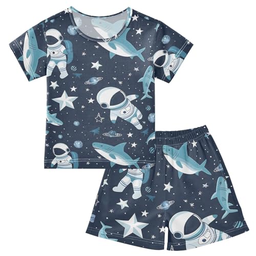 ALAZA Astronaut Shark Star Space Pajamas Short Sleeve 2 Piece Sleepwear Top and Bottom Pajama Set Unisex