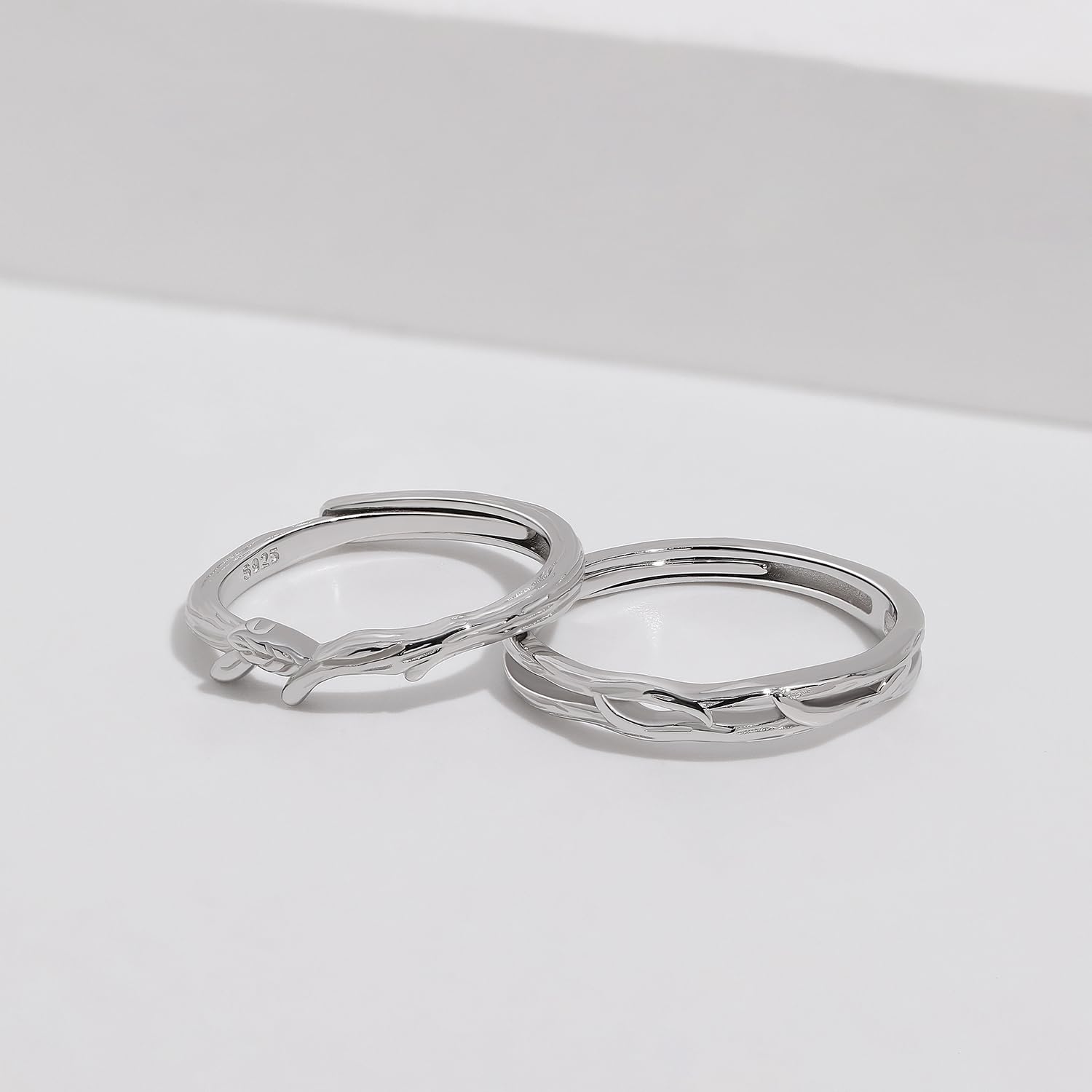 Meissa Anillo de Pareja único para Hombres y Mujeres de Plata 925 Delicado Anillo de la Hoja a Juego Ajustable Joyería Nupcial (Juego de dos anillos)