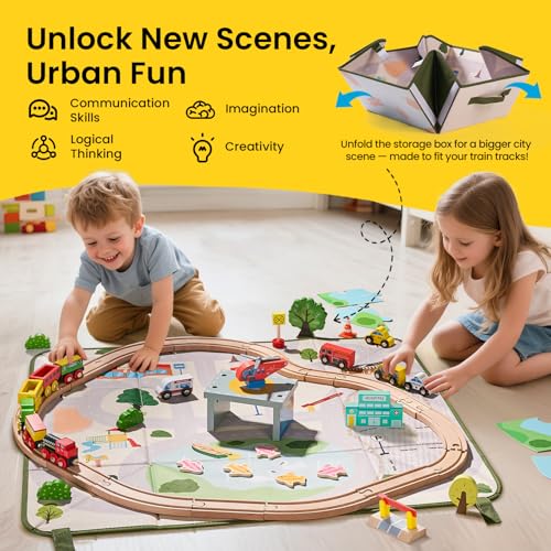 tiny land 110pcs wooden train set with folding storage box wooden train track toy for boys amp girls age 3-7 includes convenient storage