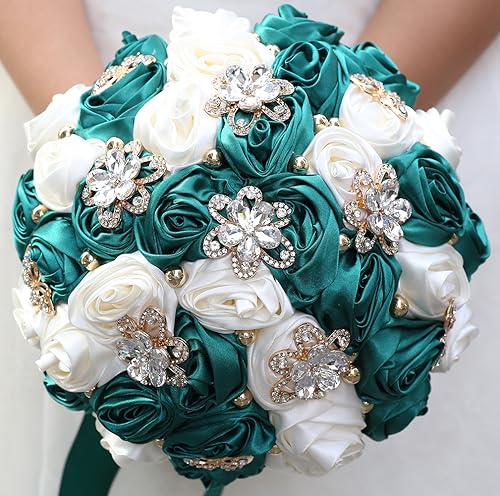Sharebeauty 8.3" Handmade Satin Rose Bridal Bouquet Toss Round Wedding Bouquet Throw Toss Artificial Flower Bunch Dark Green + Ivory