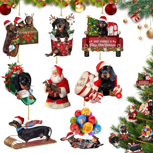 8 Stück Dackel-Weihnachtsbaumschmuck, Dackel Weihnachtsbaum Ornament,...