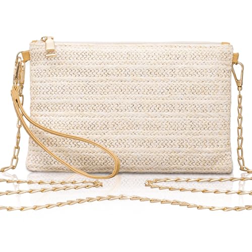 Larcenciel Sac de Plage Blanc Cassé – Pochettes et Clutches Femme en Tissu Tressé Élégant, Sac Paille avec Chaîne Métallique Détachable, Pochette Bandoulière...