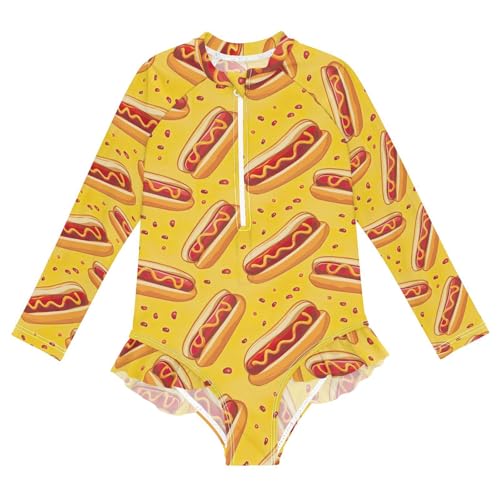 Funny Hot Dog Girls Long Sleeve Swimsuit UPF 50+ Rashguard Swimwear One Piece Bathing Suit for 3-12 21220330