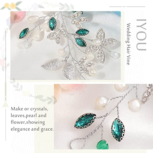 IYOU Crystal Bridal Hair Vine Green Pearl Wedding Headband Rhinestone Beades Headpiece Brides Bridesmaid Hair Accessories for Women - Image 3