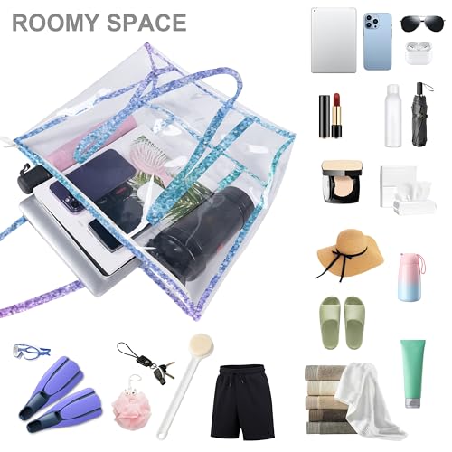 Large Clear Tote Bag for Women Stadium Approved Transparent Tote Bag Set with Shoulder Bag Heavy Duty Waterproof See Through Bag for Concert, Beach, Shopping Pink Teal Glitter Prints3