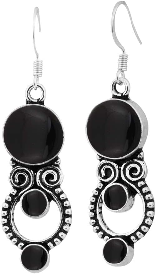 Natural Round Shape Gemstones Dangle Earrings for Women - Silver Plated Birthstone Boho Handmade Jewelry Earrings - Gift for Wife Mom Her - Image 2