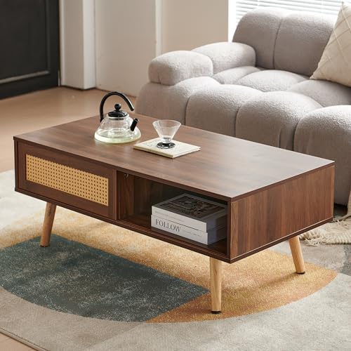 Calivra Table basse en rotin avec portes coulissantes, 105 x 55 x 40 cm, table de salon avec espace de rangement et pieds en bois massif, table basse moderne...