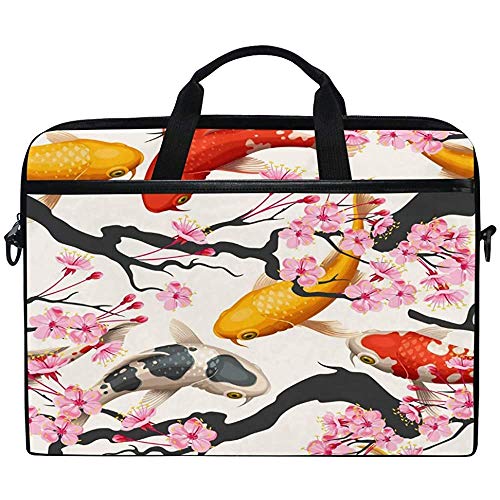 Koi Carp Fish Nadando con Cherry Blossom Sakura Branch Laptop Case Bandolera Crossbody Briefcase Manga De Mensajero con Asa De Correa para El Hombro,para Ella Him,14-14.5 Pulgadas