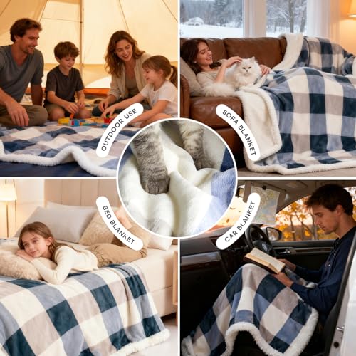 PU MEI Sherpa Fleece Throw Blanket 60" x 80" Reversible Plush Fluffy Large Big Blanket Lattice Flannel Blankets for Sofa Couch Bed (Grey-Soft Blue, 60"*80") - Image 6