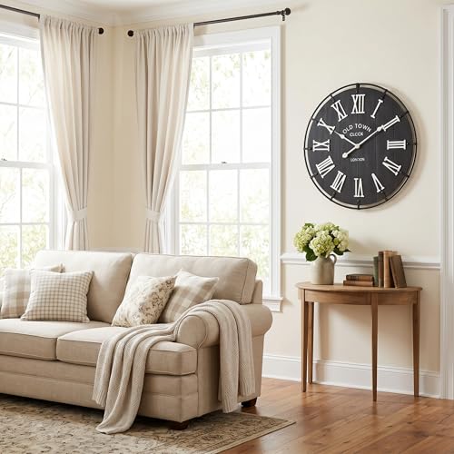 Image of EMAX HOME 24 Inch Vintage London Style Wall Clock, Black Wood Grain Background with White Roman Numerals, Rustic Metal Frame, Silent Non-Ticking Clock for Fireplace Mantel, Entryway, or Dining Area.