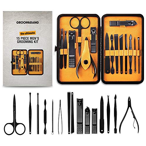 Groomarang 15pc Mens Manicure Kit - Stainless Steel Corrosion Resistant Nail Clipper Grooming Set