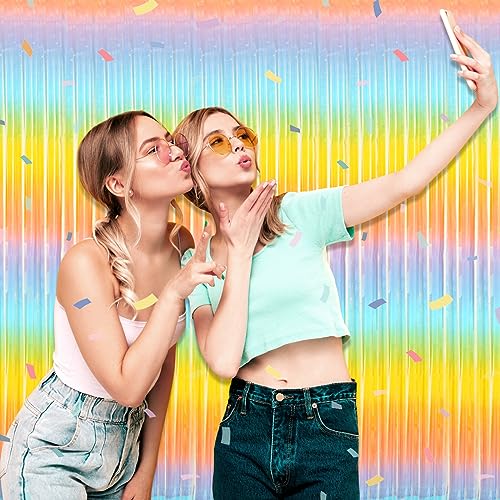 Image of 3 Pack Light Raainbow Foil Fringe Curtain Backdrop, 3.28Ft x 9.8Ft Metallic Tinsel Foil Fringe Streamer Curtains for Photo Booth, Christmas Day, Thanksgiving, Wedding, New Year Party Decorations