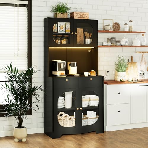 Image of 72 inch Black Kitchen Pantry Cabinet with Lights and Charging Station, Tall Hutch Storage Cabinet Coffee Bar Cabinet with Microwave Shelf for Dining Room