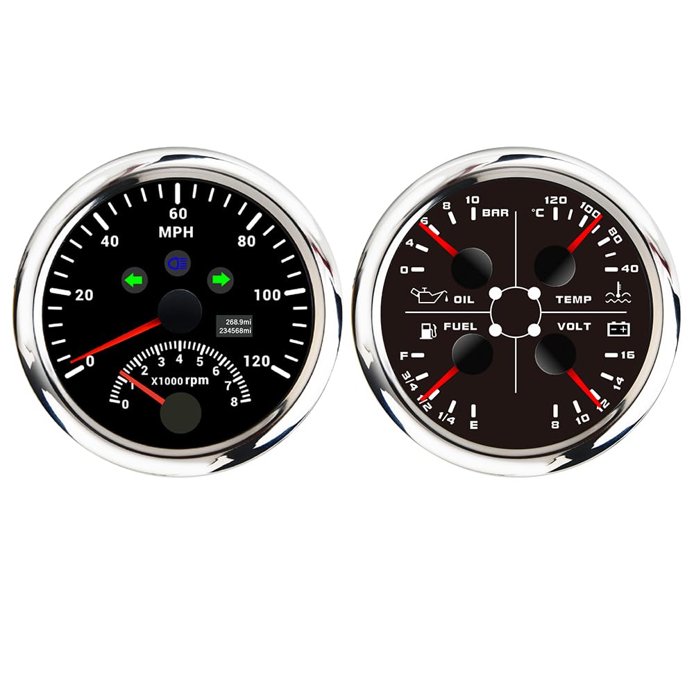 Medidor Tacómetro Medidor de Nivel de Combustible Odómetro 85 mm 2 en 1 GPS 120 mph con Nivel de Combustible multifunción 4 en 1 10 Bar Presión de Aceite 12 V