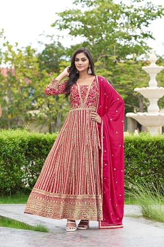 Image of Miss Ethnik Women's Pink Chinon Stitched Gown with Dupatta Full Sleeve Embroidered Anarkali Gown (MER-1275)