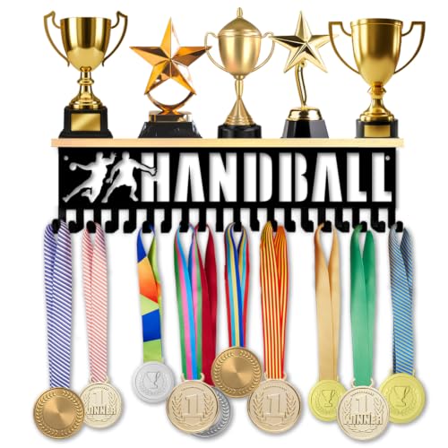 Colgador de medallas de balonmano en metal negro de 40x9 cm para pared