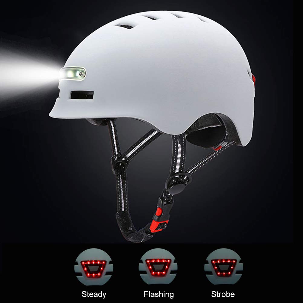 Generic Casco da Bici con Luce LED Ricaricabile USB PC Shell EPS Liner Regolabile Taglia M da 54 a 57 Cm Casco da Ciclismo per Scooter Guida Notturna Adulti (WHITE #37)