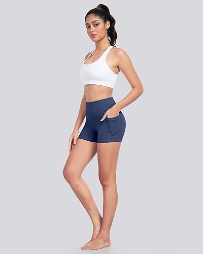 Miniatura 4 de LZYVOO Pantalones cortos de elastano para mujer, cintura alta, control de abdomen, pantalones cortos de yoga con bolsillos