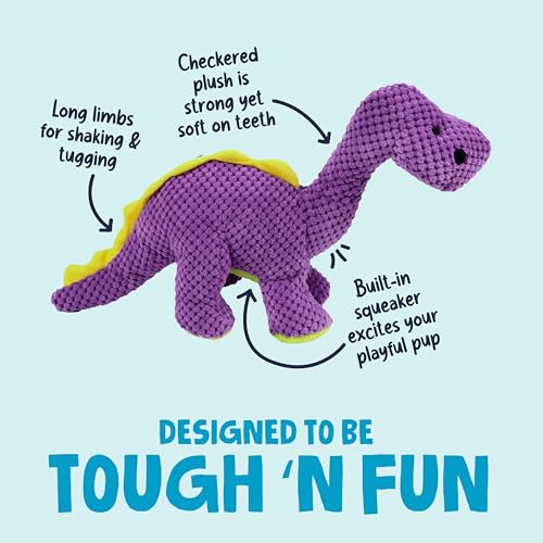 Image of goDog Dinos Bruto Checkers Tough Plush Toy with Chew Guard Technology, Durable Checkered Fabric & Squeaker for Active Play, Purple, Large